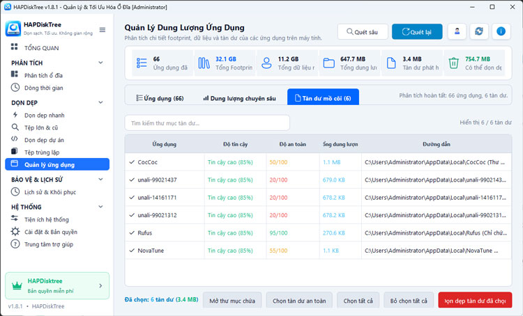 Tải HAPDiskTree Quản Lý Dung Lượng và Tối Ưu Ổ Cứng Miễn Phí 9 Dọn dữ liệu còn dư sót lại khi xoá phần mềm