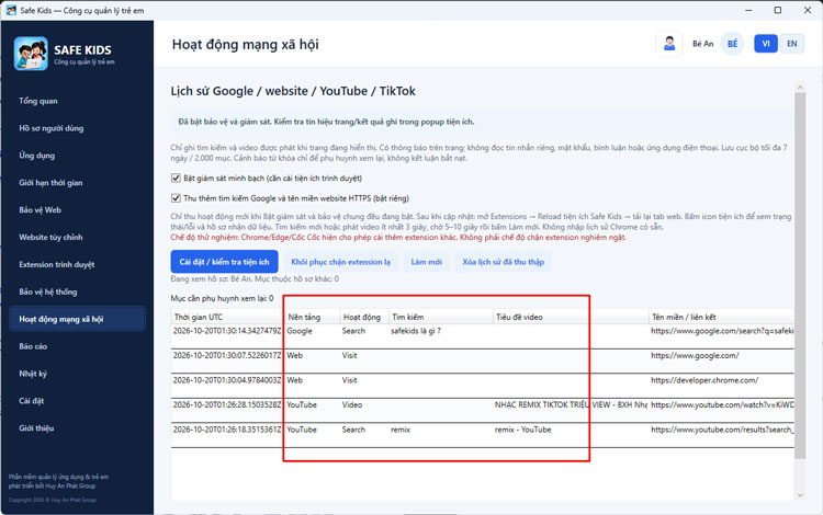 HAP SAFE KIDS: Phần Mềm Quản Lý Trẻ Em Trên Máy Tính Free 10 Xem hoạt động lịch sử truy cập web